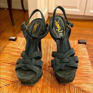 Yves Saint Laurent Tribute Platform Sandals in green suede sz 36.5/6.5